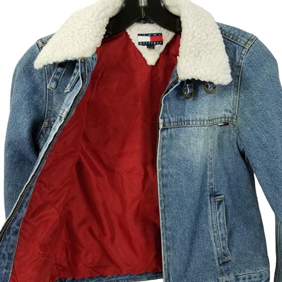 Tommy Hilfiger Kids Vintage Denim Jacket Blue Sz L Faux Sherpa Collar Cuffs Logo - Picture 10 of 13